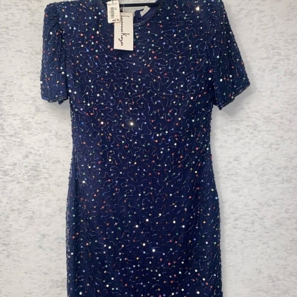 NWT Laurence Kazar Pure Silk Sequin Royal Navy Blue Cocktail Evening Dress SZ M - Picture 5 of 12